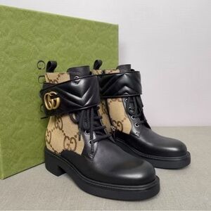 Gucci Black and Tan Monogram Combat Boots